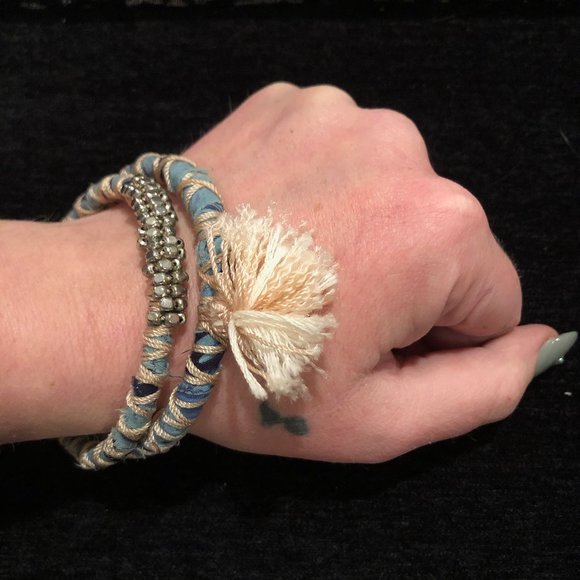 Handmade! 2 STACKING BANGLES: denim/thread wrapped - Picture 1 of 5